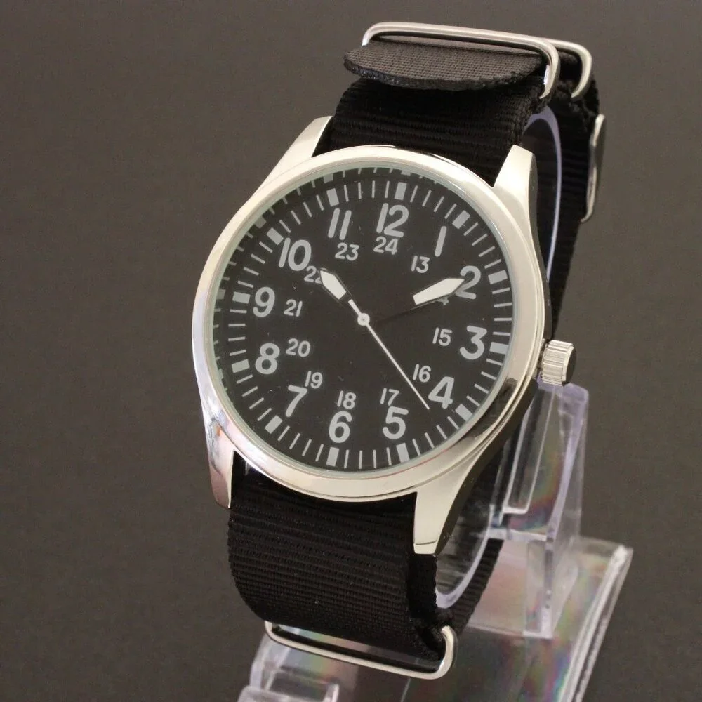 Men's Quartz Field Watch Silver Tone Case Black Military Strap 42mm
